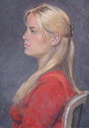 Daniel Greene Model at New York Studio. The painting is a pastel on Canson Paper of a model during the summer workshop. Mr. Greene’s workshop format included demonstrations in oil and pastel, color, study of the Old Masters, professional portrait procedure, posing and lighting of models, choosing painting positions, arrangement of materials and easel, canvas preparation.