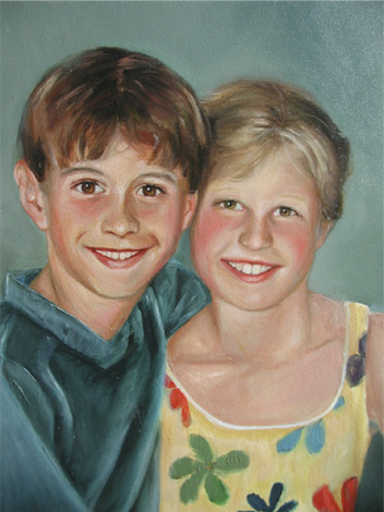 The Bodell Children of Nashville, Tennessee were painted in oil on an 18 x 24 canvas. The artist worked closely with the family to get an exact likeness as well as to capture the personality and essence of each child. The blue background makes the flesh tones in this portrait stand out in contrast, which adds a life and movement to the painting. 