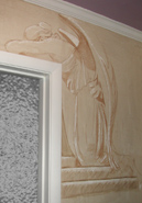 Wall murals are done in sepia tone pastels. The drawings are from miscellaneous sculptures and have been fixed with spray fixative to prevent smearing. 