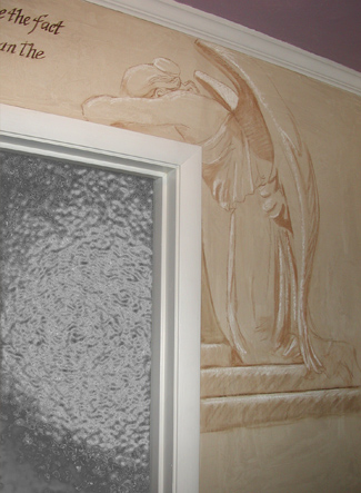 Wall murals are done in sepia tone pastels. The drawings are from miscellaneous sculptures and have been fixed with spray fixative to prevent smearing. 