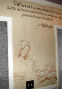 Wall murals are done in sepia tone pastels. The drawings are from miscellaneous sculptures and have been fixed with spray fixative to prevent smearing. 