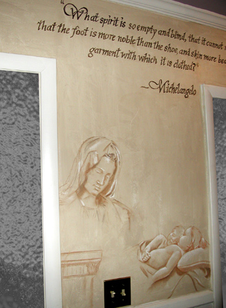 Wall murals are done in sepia tone pastels. The drawings are from miscellaneous sculptures and have been fixed with spray fixative to prevent smearing. 