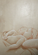 Wall murals are done in sepia tone pastels. The drawings are from miscellaneous sculptures and have been fixed with spray fixative to prevent smearing. 