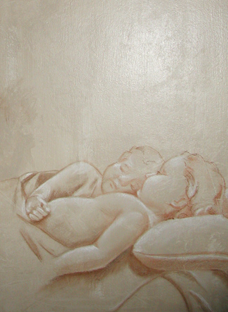 Wall murals are done in sepia tone pastels. The drawings are from miscellaneous sculptures and have been fixed with spray fixative to prevent smearing. 